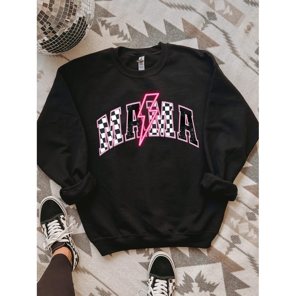 Mama Sweatshirt Lightning Bolt Checkerboard Graphic Crewneck Pullover Top